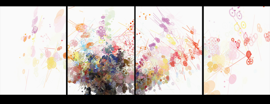 spread of colorful, graphic shapes arranged like ikebana
